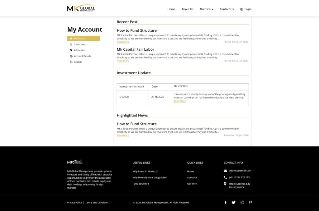 Dashboard MK Global Management website design by designer zahid