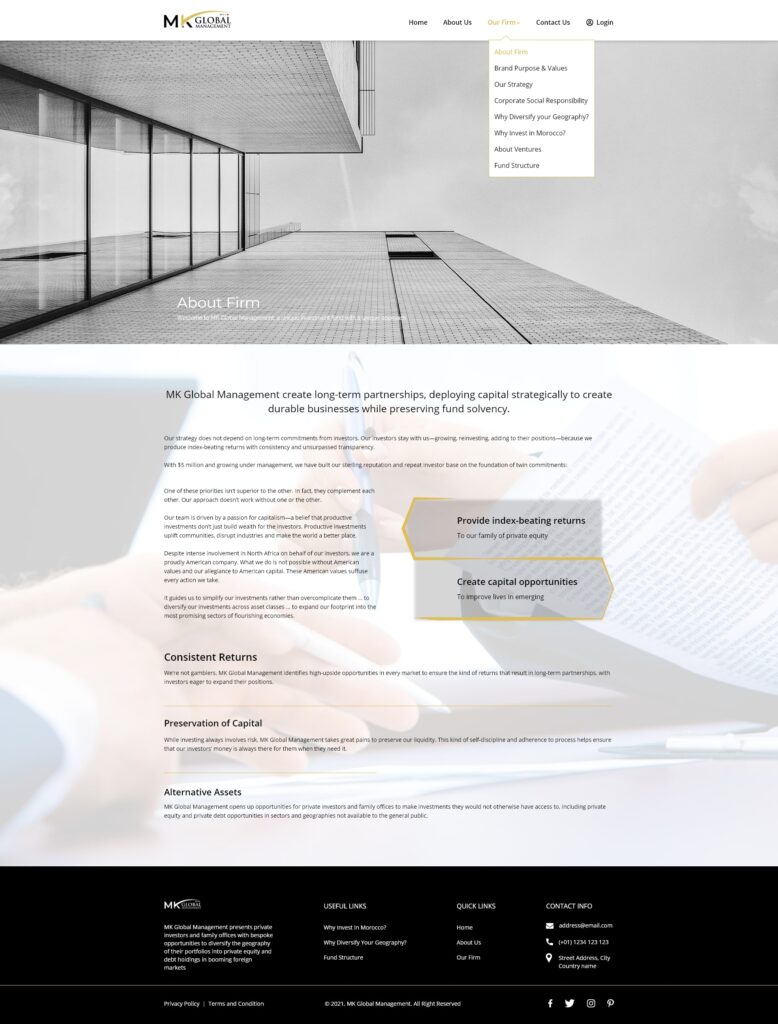 About Firm MK Global Management website design by designer zahid